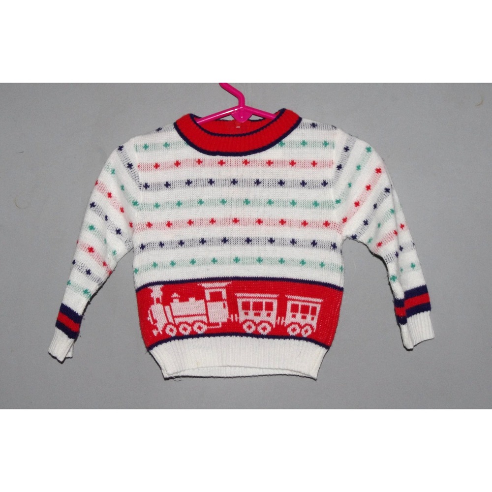 Vtg Baby Boy Christmas‎ Choo choo train sweater acrylic red green blue 18 mos
